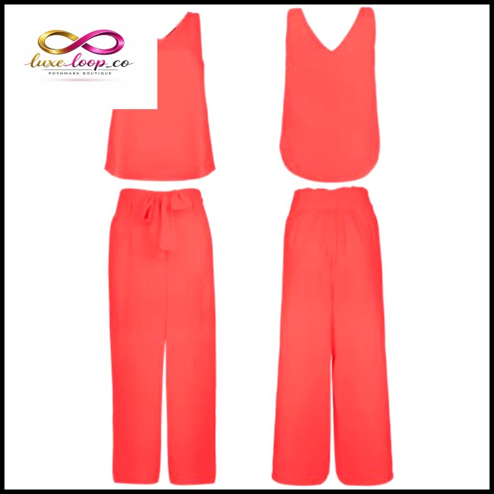 Women's 2-Piece Set V-Neck Tank Top High-Waisted Cropped Paper Bag Pants - Picture 4 of 7